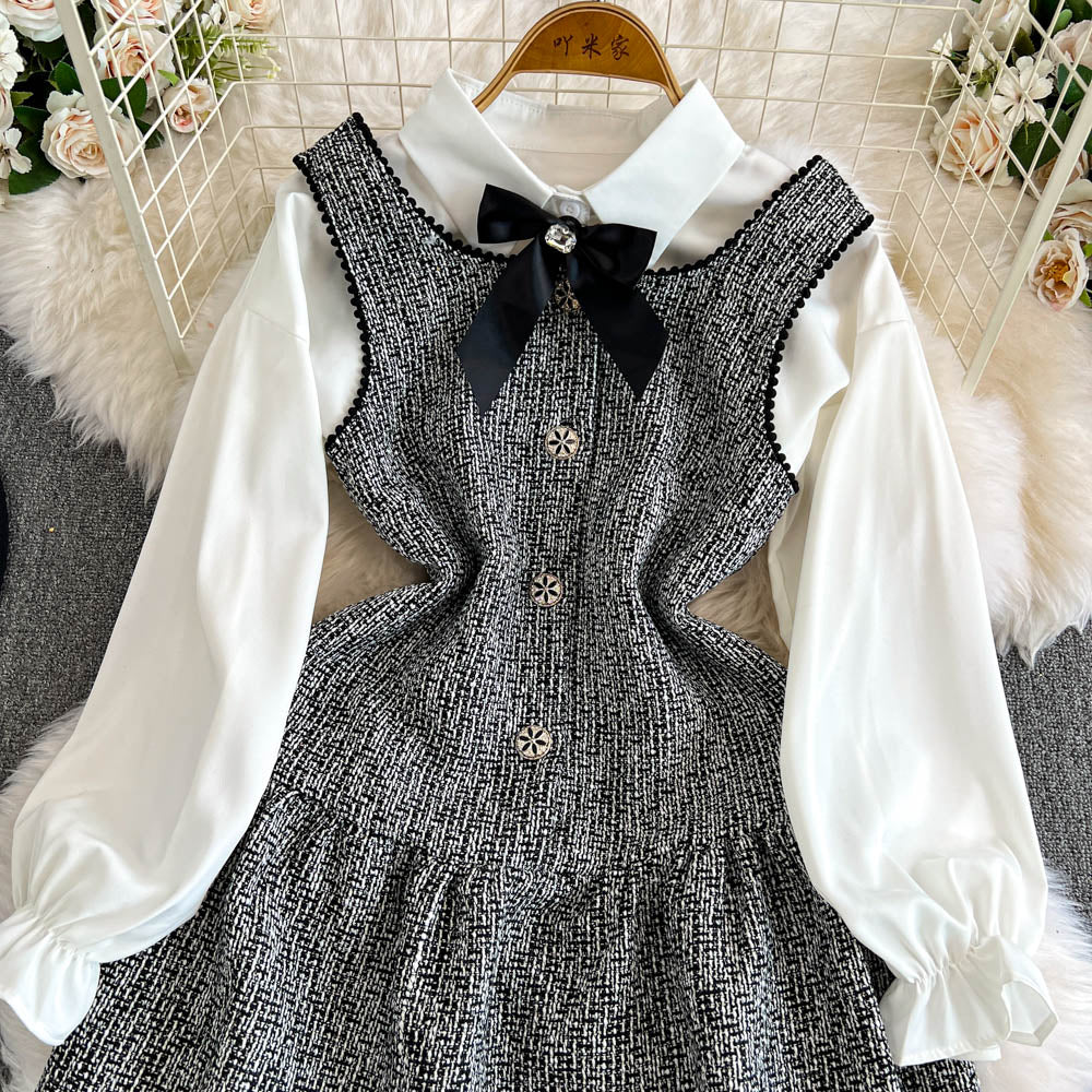 Sequined Tweed Dress&Bottoming Shirt 2Pcs