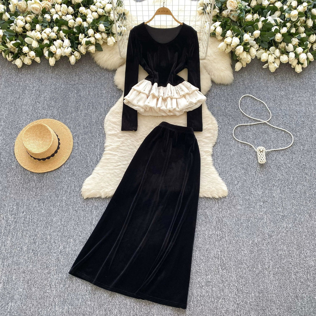 Beaded Ruffled Top & Suede Skirt 2Pcs