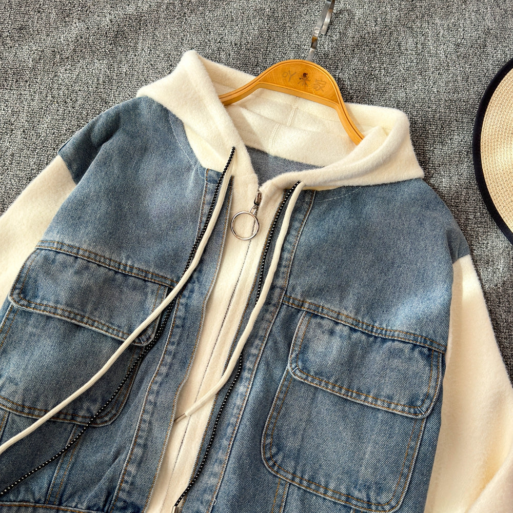 Vintage Denim Patchwork Zipped Jacket