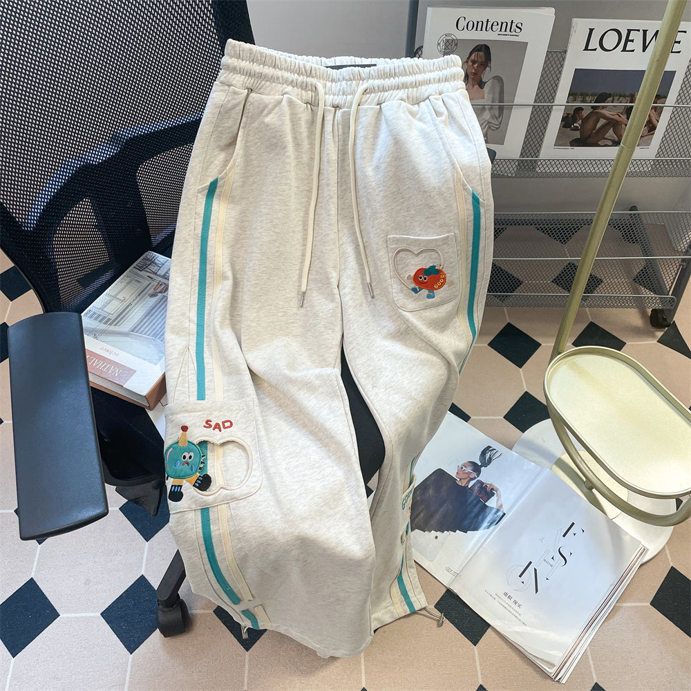 Cartoon Embroidered Casual Drawstring Trousers
