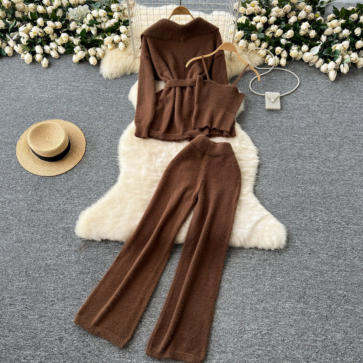 Cardigan&Camisole&Wide-leg Trousers 3Pcs