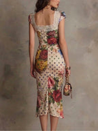 Mixed Print Lace Trim Midi Dress Women Cap Sleeve Ruched Slit Bodycon Dress