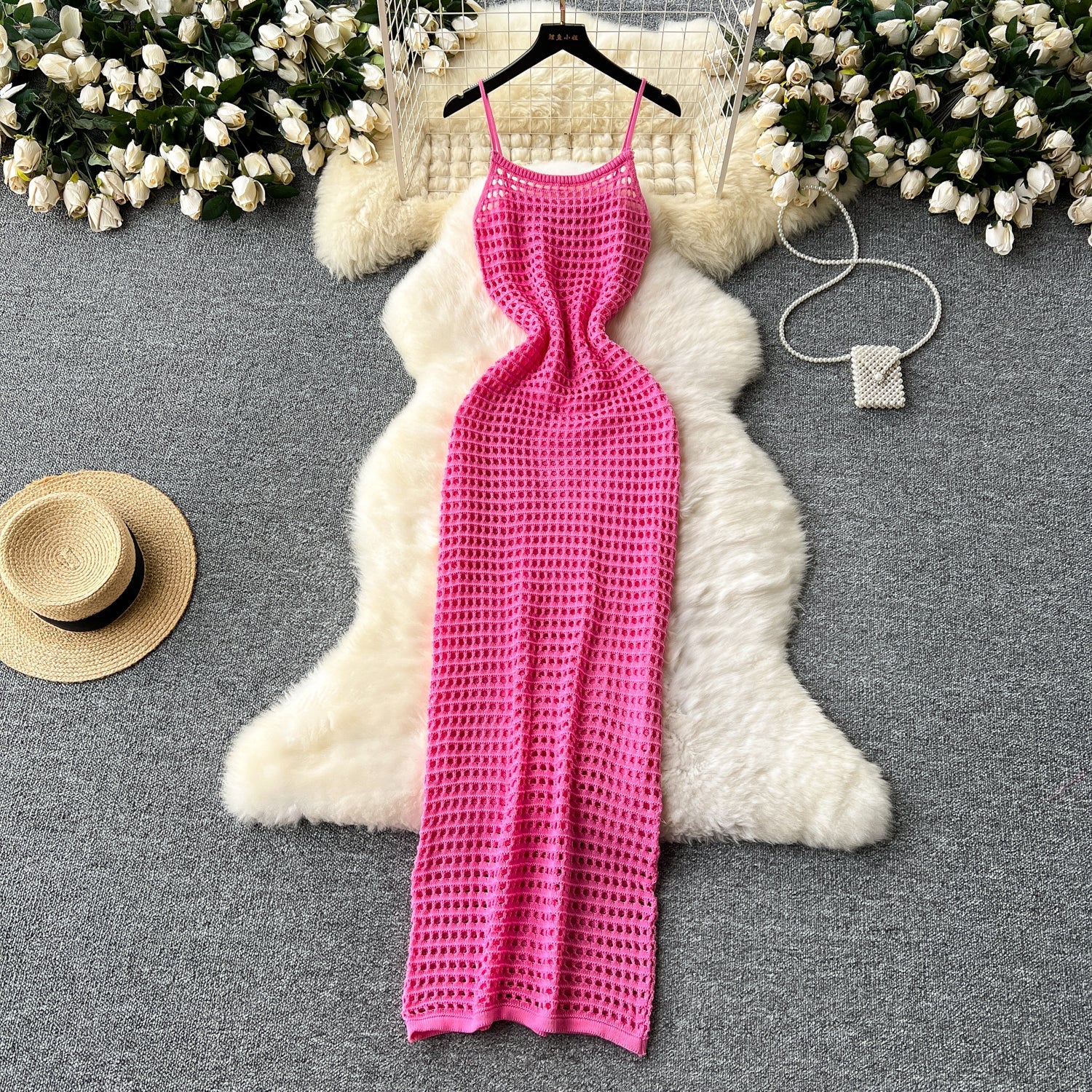 Plaid Hollowed Knitted Slip Dress