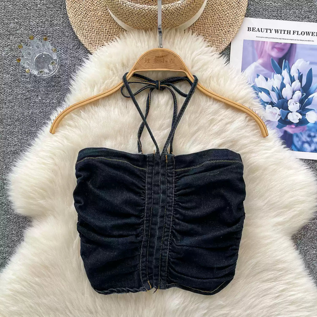 Vintage Denim Pleated Halter Top