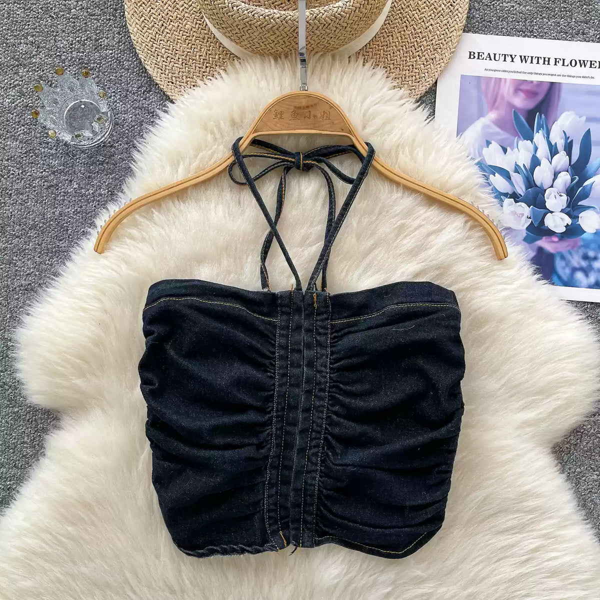 Vintage Denim Pleated Halter Top