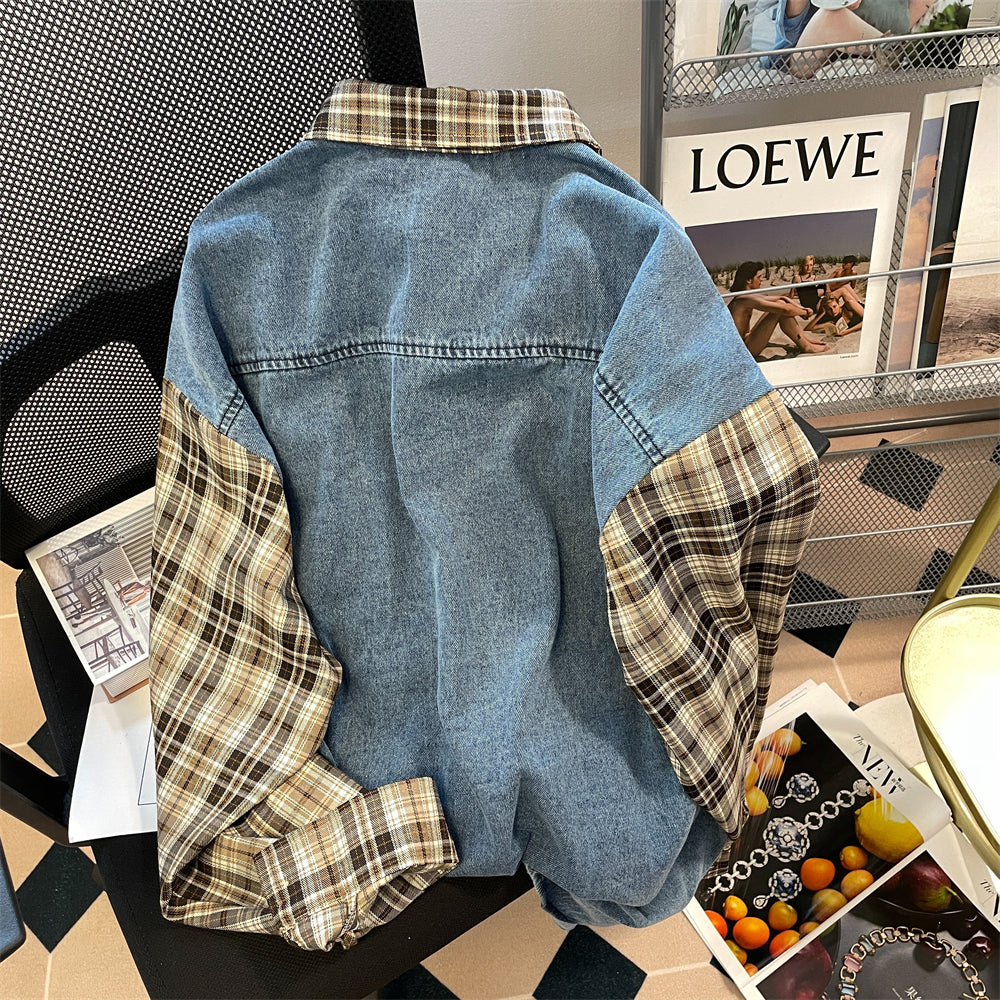 Vintage Denim Patchwork Plaid Shirt