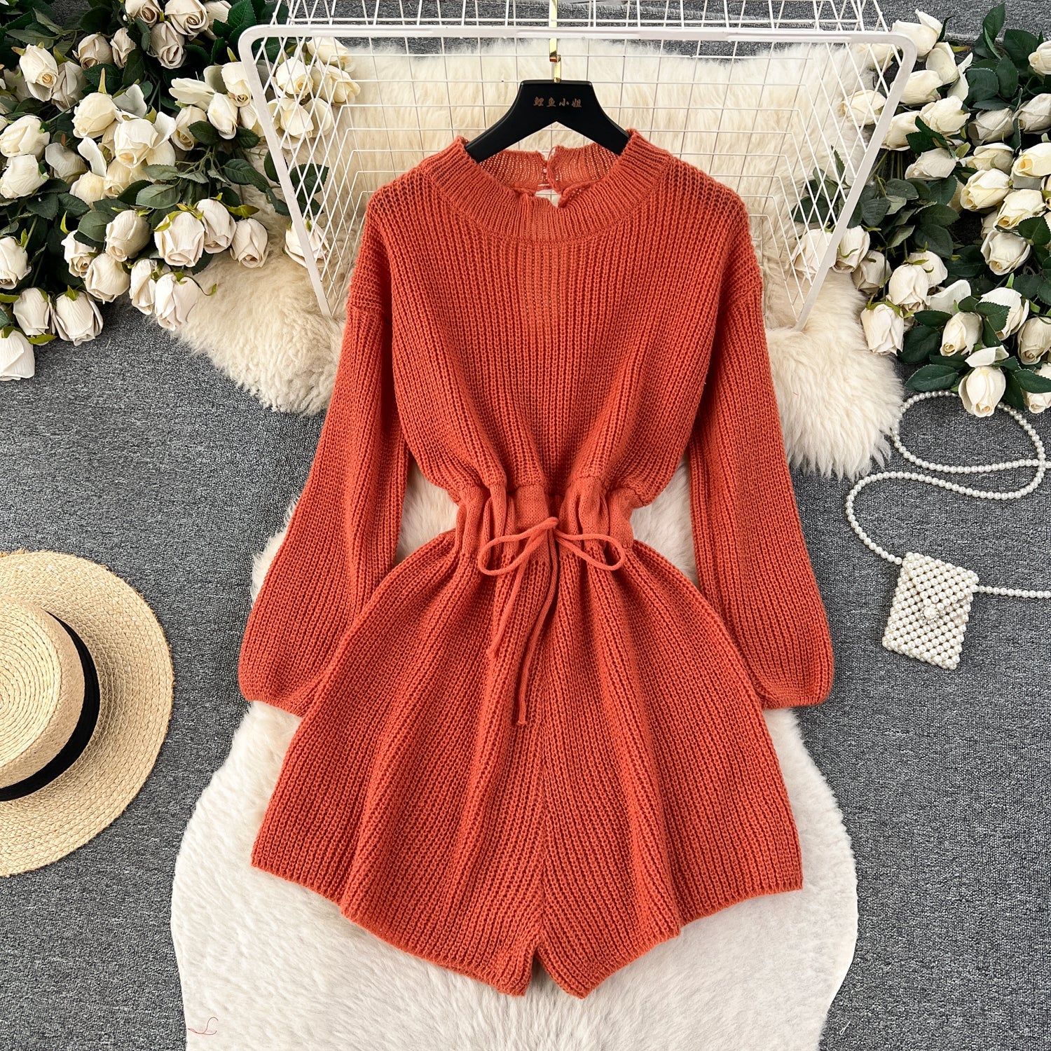 Elastic Solid Color Hollowed Knit Romper