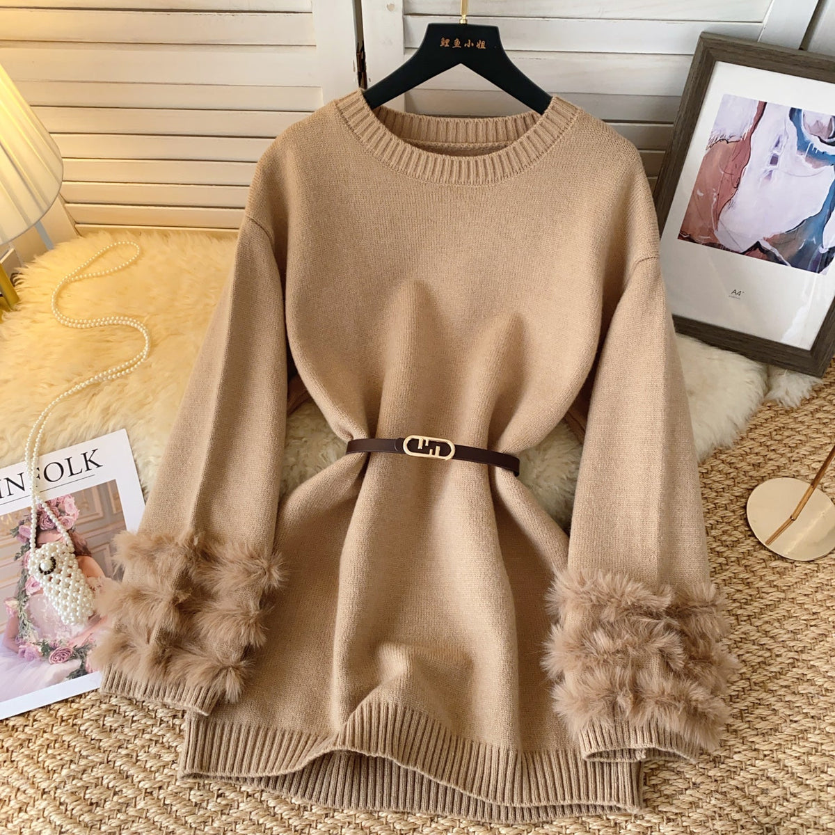 Vintage Furry Cuff Patchwork Sweater