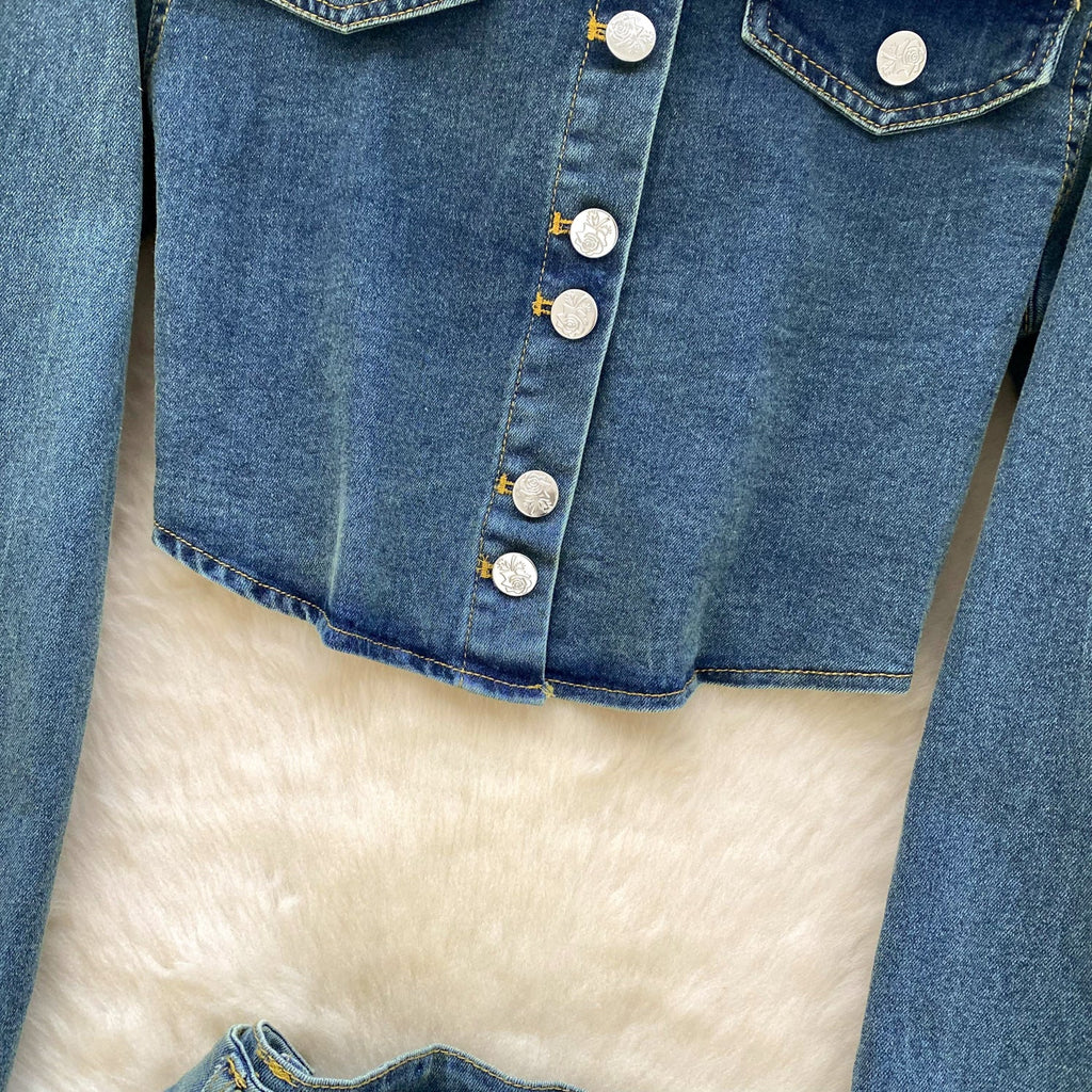 Vintage Denim Shirt & Fishtail Skirt 2Pcs