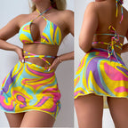 Neck Tie Striped Printed Mesh Three-piece Bikini