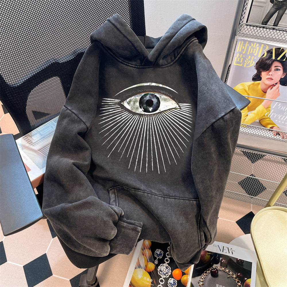 Oversize Distressed Printed Hooded Sweatshirt