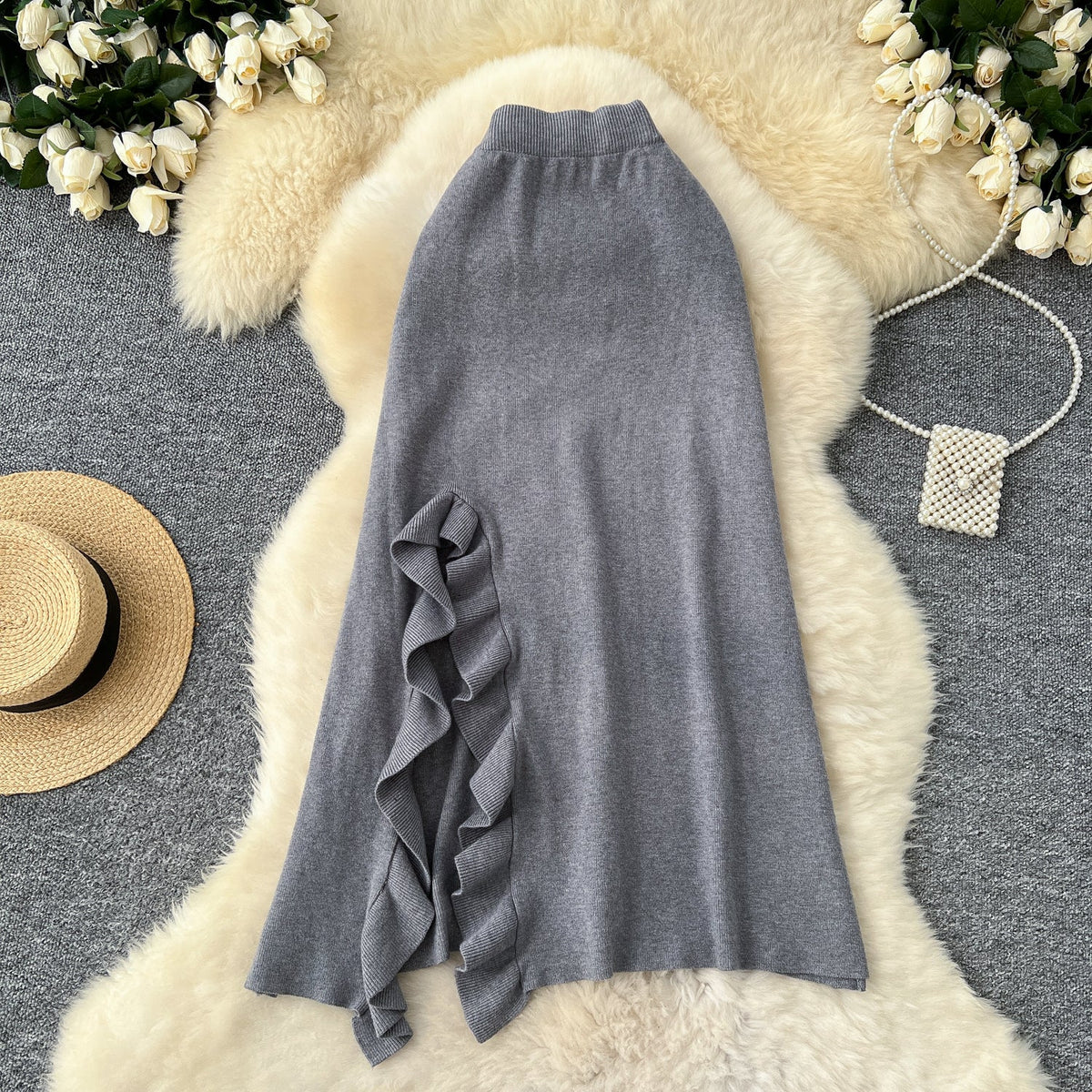 Solid Color Ruffled Knitted Skirt