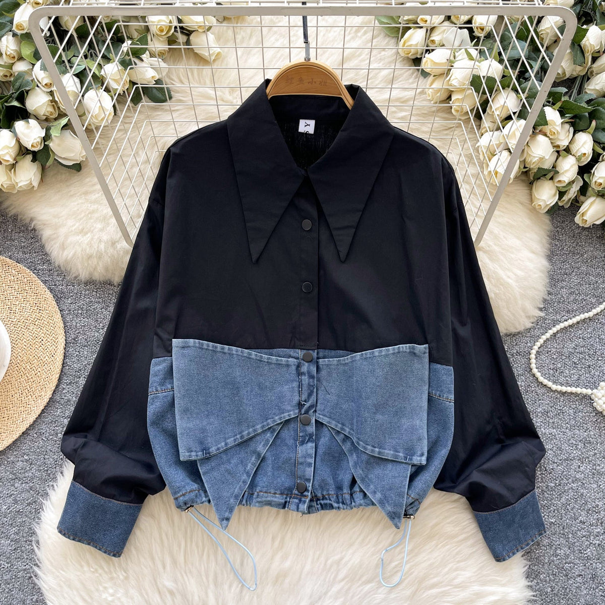 Niche Bow Denim Patchwork Shirt