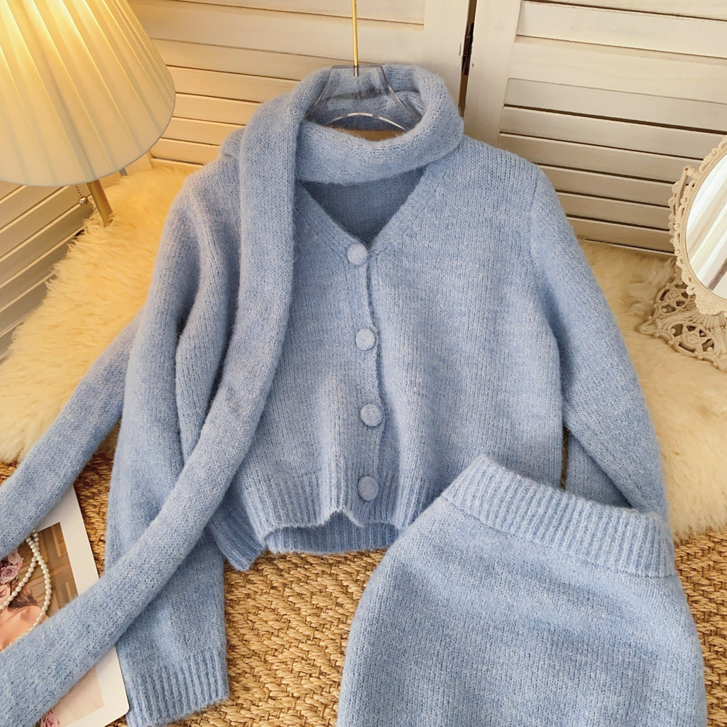 Cardigan&Skirt&Scarf Soft Knitted 3Pcs