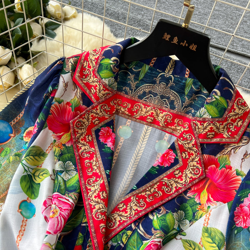 Courtly Floral Single-breasted Dress