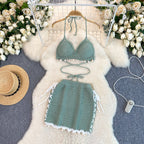 Fringed Halter Top&Skirt Knitted 2Pcs