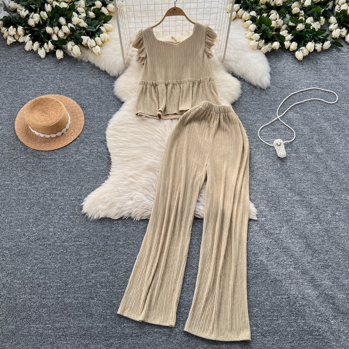 Loose Top&Trousers Solid Color 2Pcs