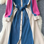 Vintage Lace-up Denim Patchwork Shirt Dress