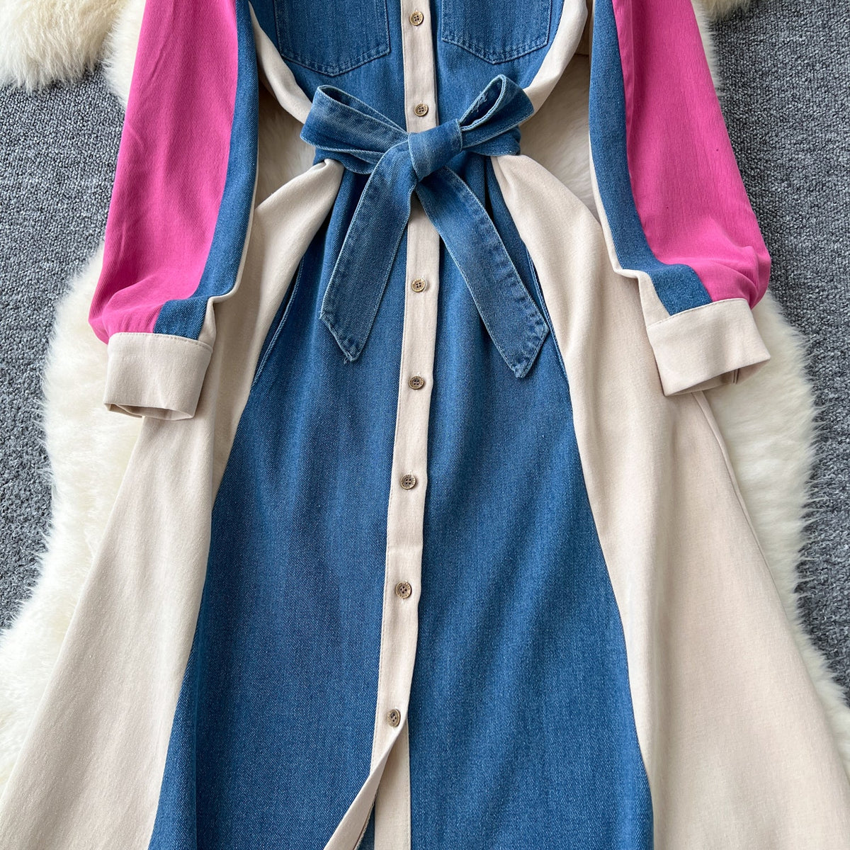 Vintage Lace-up Denim Patchwork Shirt Dress