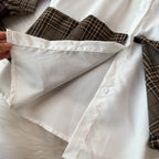 Plaid Patchwork Cardigan&White Shirt 2Pcs