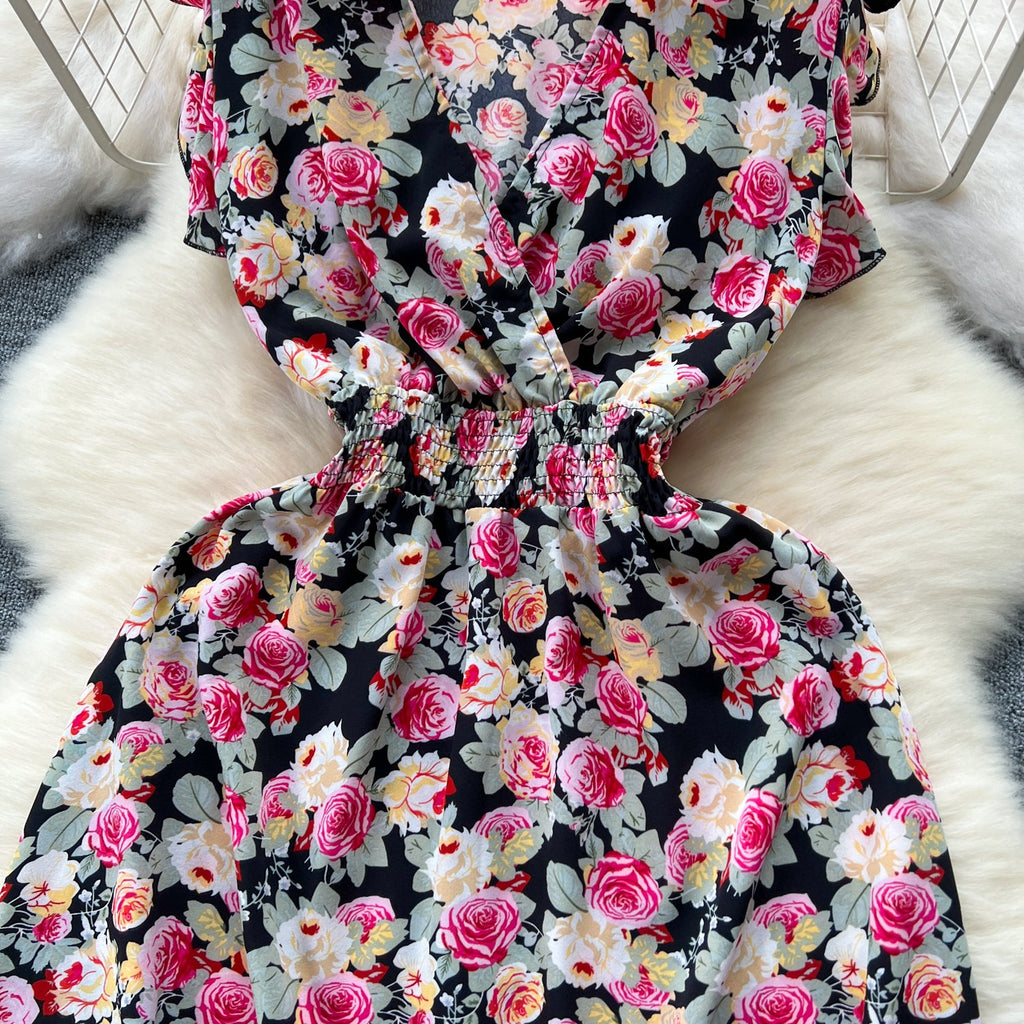 V-neck Elastic Waist Floral Dress