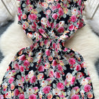 V-neck Elastic Waist Floral Dress
