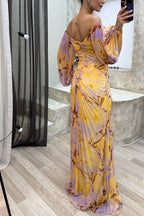 Off‑Shoulder Floral Print Pleated Maxi Dress Rhinestone Split Formal Evening Gown