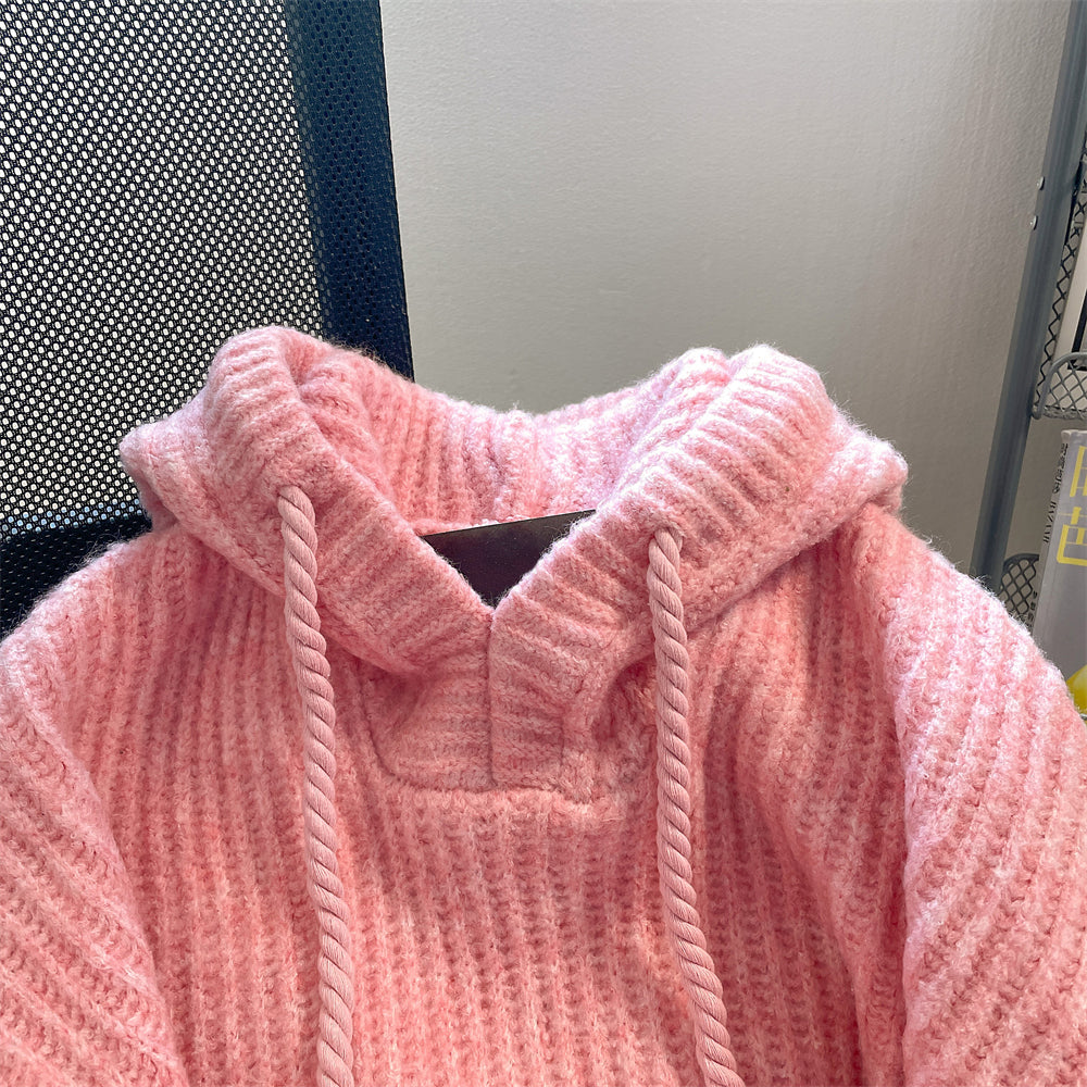 Vintage Thermal Drawstring Hooded Sweater