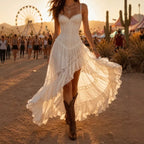 White Lace Corset Spaghetti Strap Maxi Dress Women Boho High Low Ruffle Maxi Dress