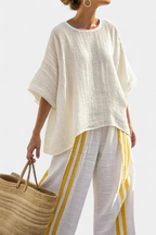 Arianna – Elegant yellow striped linen top and wide-leg trousers