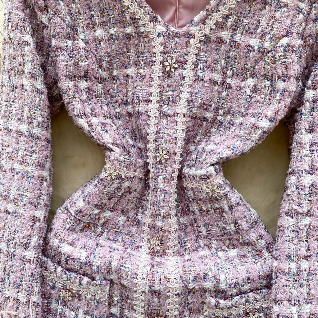 V-neck Pink Plaid Tweed Dress