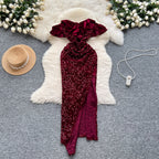Ruffled Neckline Sequined Velvet Dress
