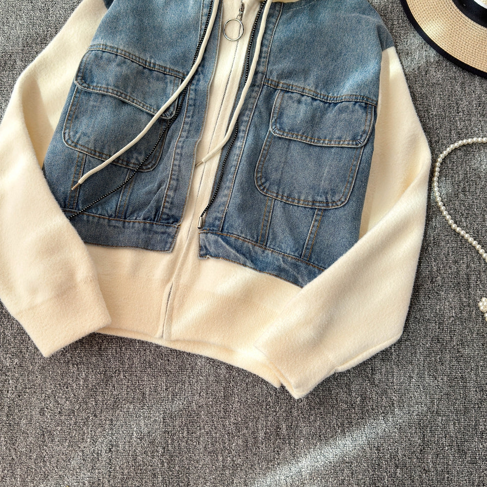 Vintage Denim Patchwork Zipped Jacket