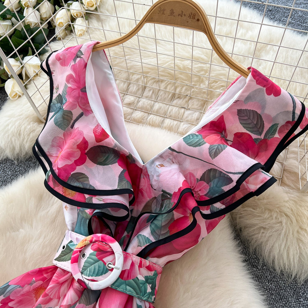 V-neck Ruffled Floral Printed Dress