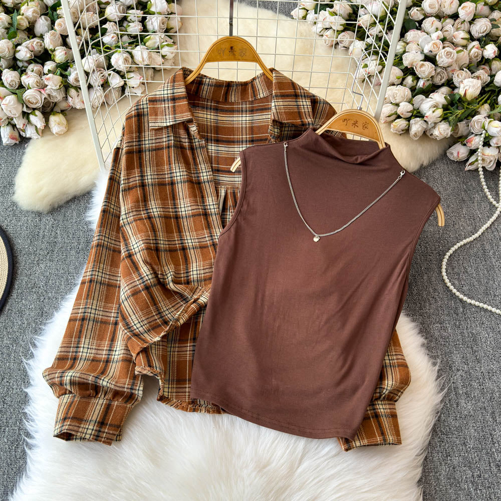 Plaid Shirt&Sleeveless Bottoming 2Pcs