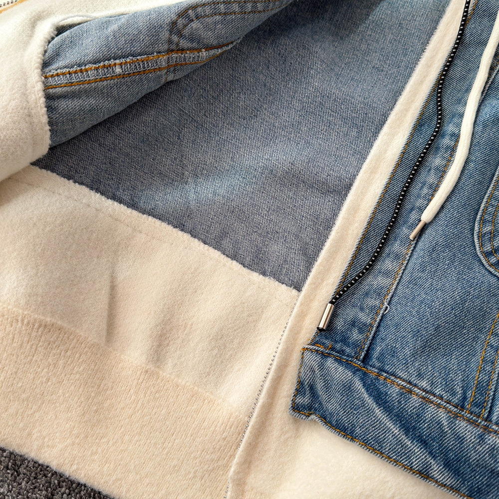 Vintage Denim Patchwork Zipped Jacket
