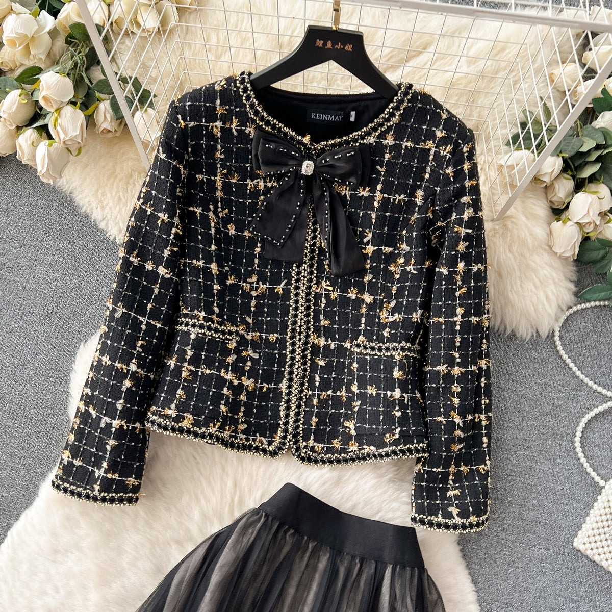 Tweed Blazer&Pleated Half-body Skirt 2Pcs