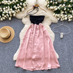 Black & Pink Satin Patchwork Split Dress