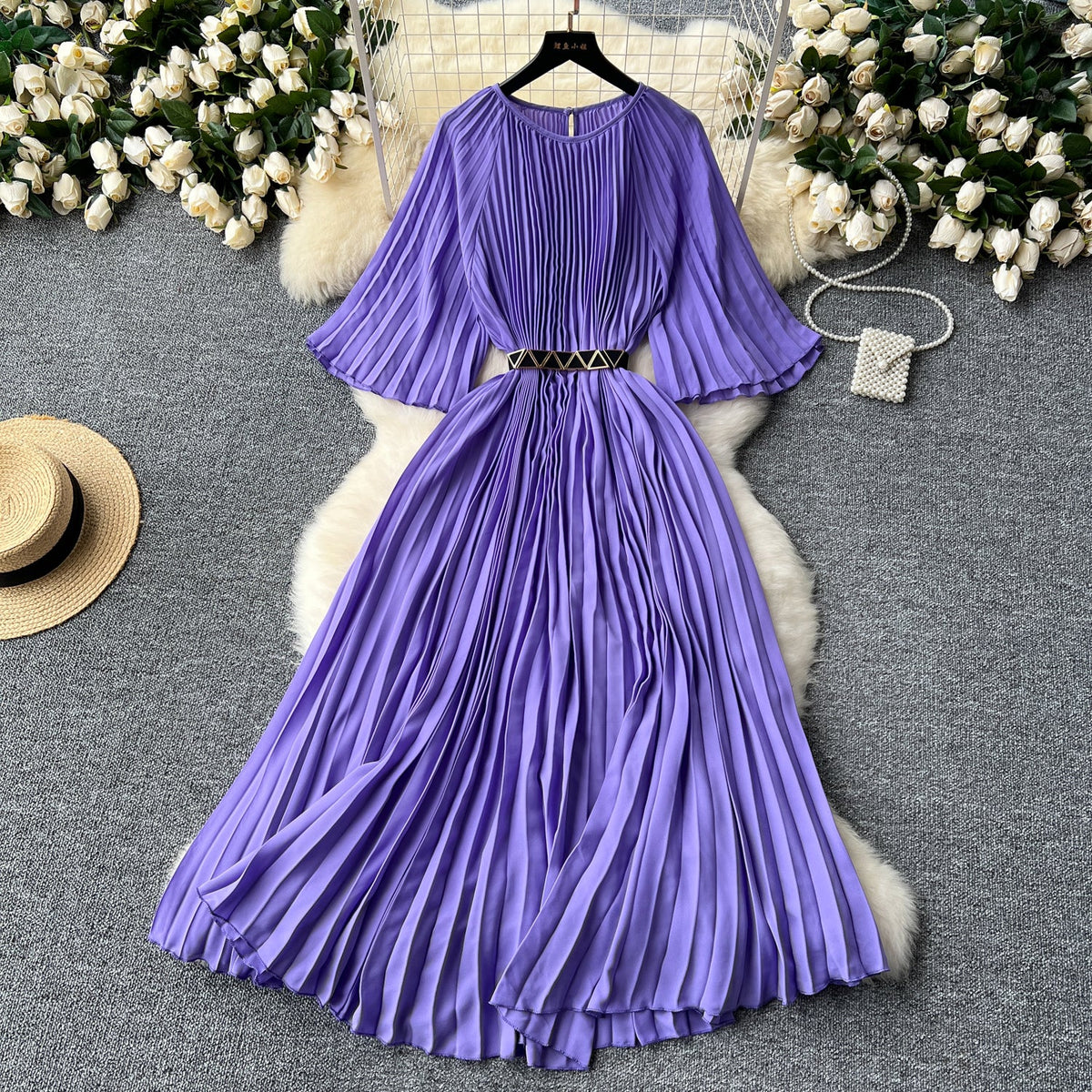 Vintage Solid Color Pleated Dress