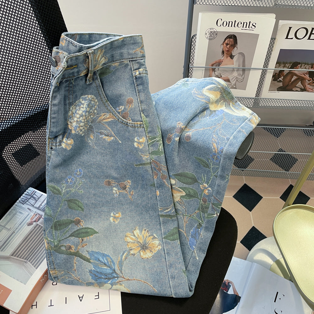 Niche Flower Printed Denim Trousers