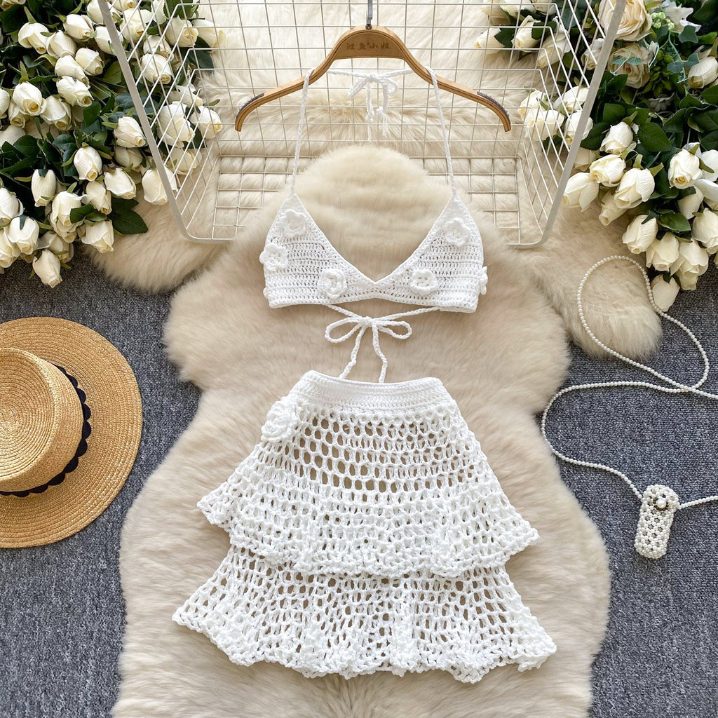 3D Camisole & Skirt Hollow Knitted 2Pcs