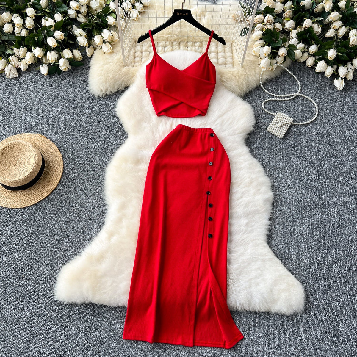V-neck Camisole&Split Skirt Knitted 2Pcs