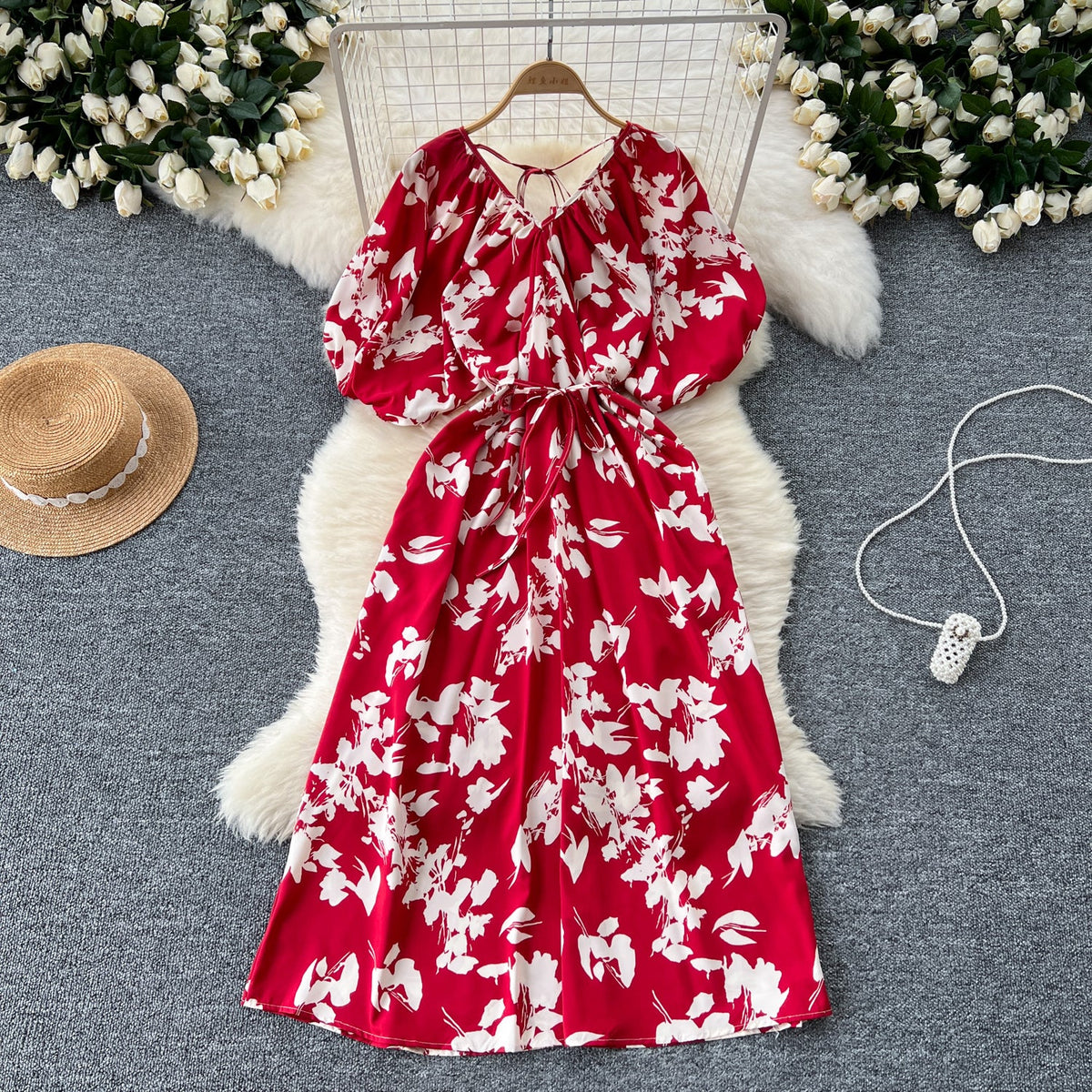 V-neck Pattern Printed Vintage Dress