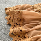 V-neck Shirt&Skirt Lace Patchwork 2Pcs