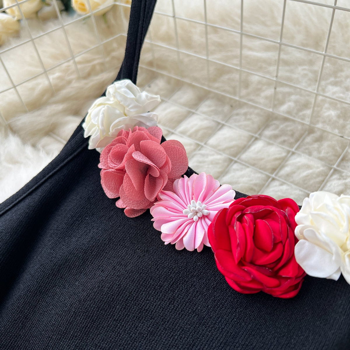 3d Floral Neckline Black Slip Dress