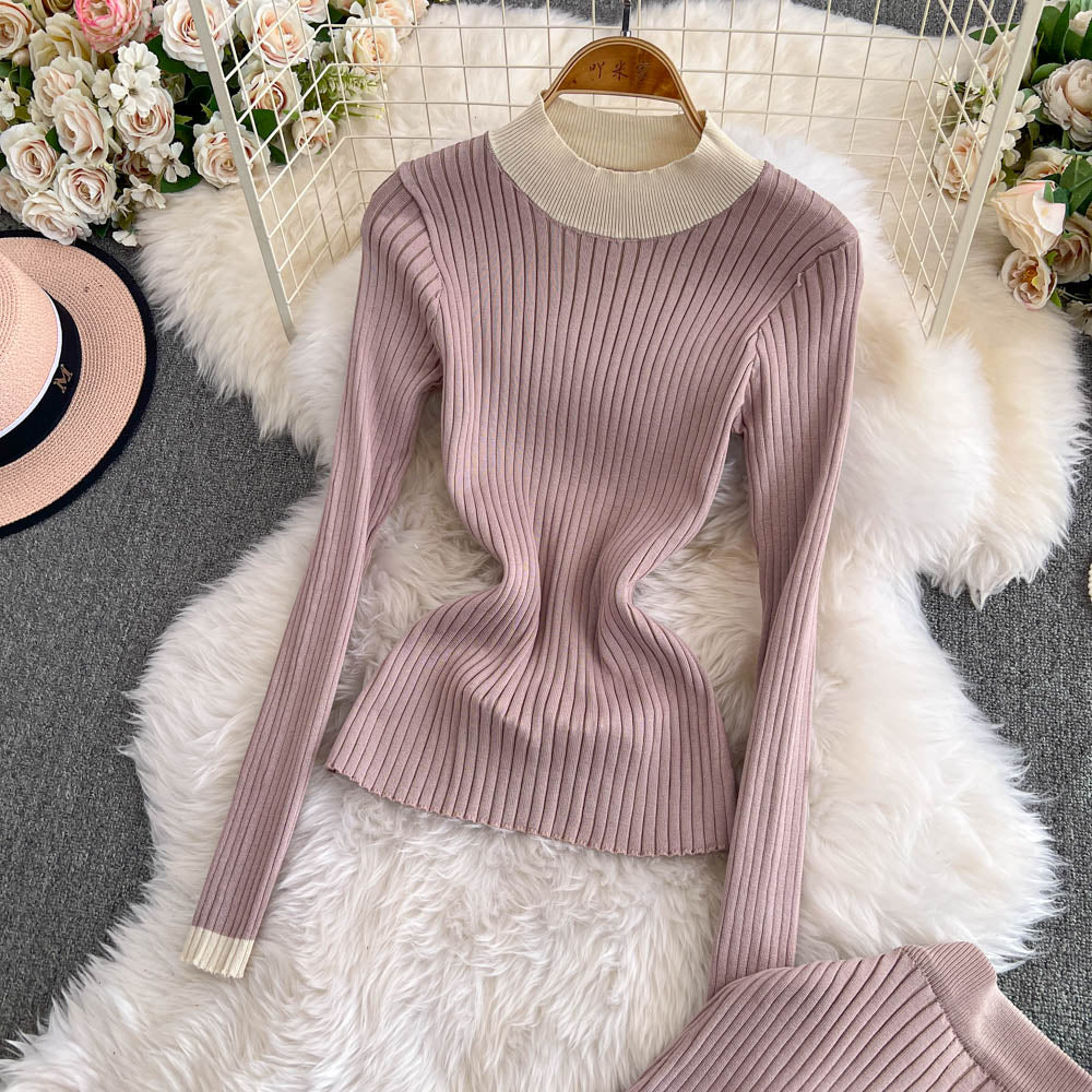 Sweater&Skirt Color-blocking Knitted 2Pcs