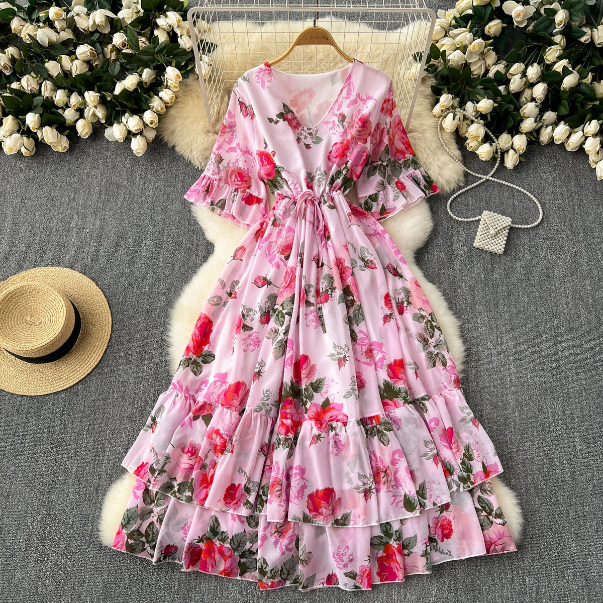 Vintage Lace-up Pleated Floral Dress