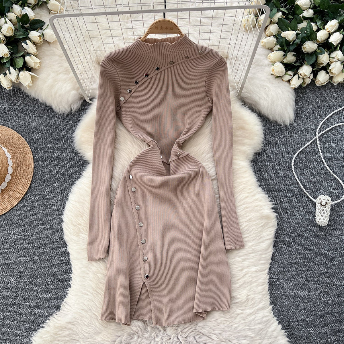 Half Turtleneck Metal Button Knitted Dress