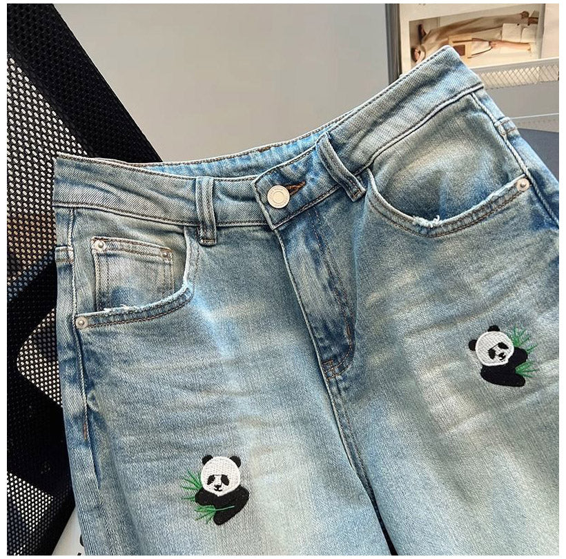 Cutie Panda Embroidered Straight Jeans