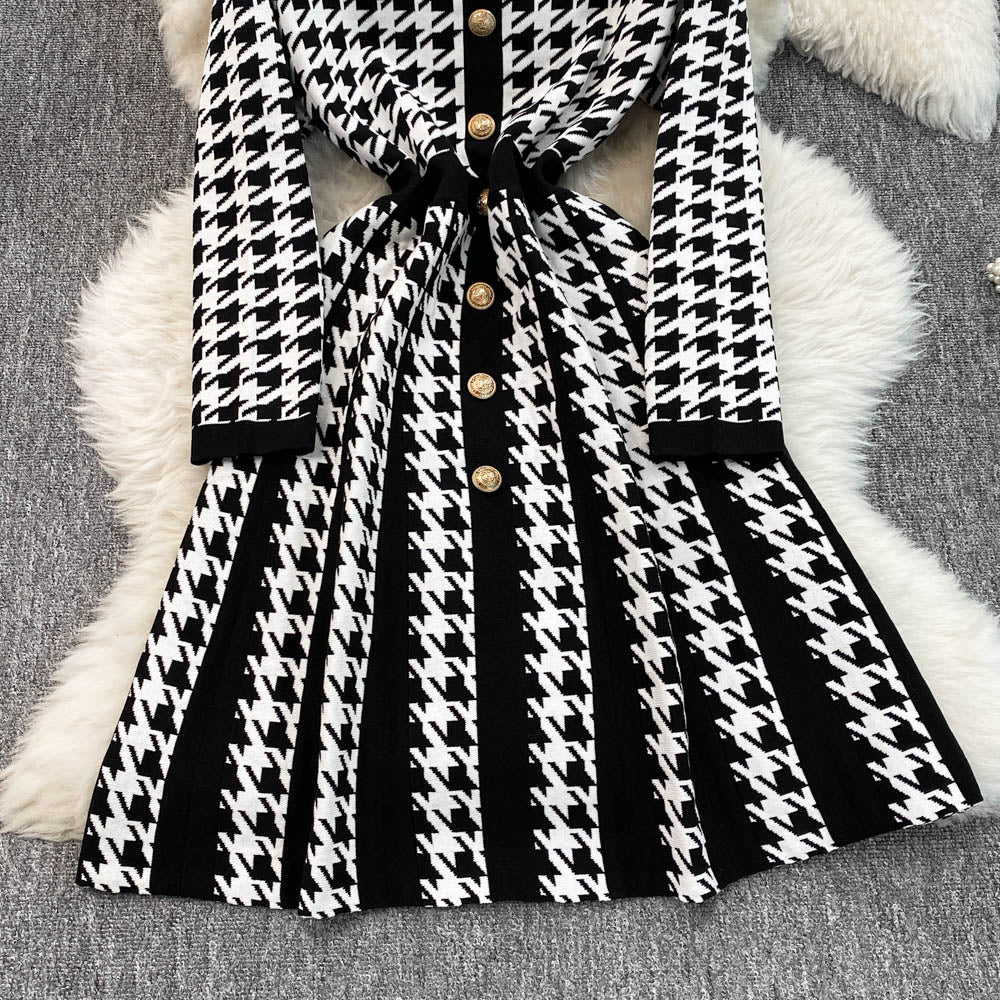 French Style Houndstooth Knitted Dress